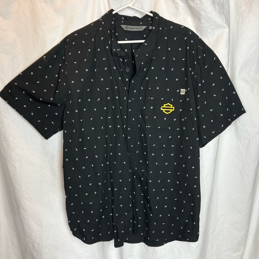 Vintage Harley Davidson Black Skulls Tattoo Style ButtonUp shirt Sz Slim 2XL